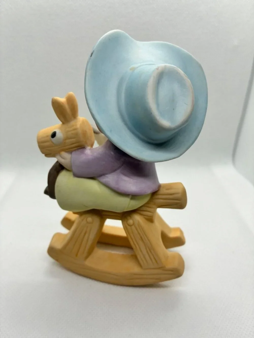Vintage Ceramic Boy Cowboy on Rocking Horse Figurine Hand Painted Blue Hat